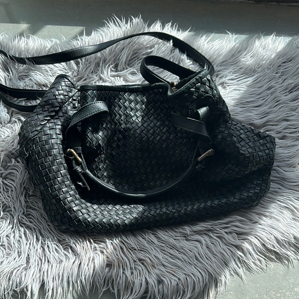 Black Textured Leather Shoulder Bag
